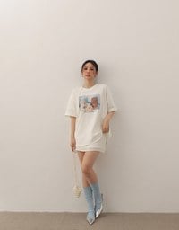 Round Neckline Puppy Print Oversized Graphic Tee