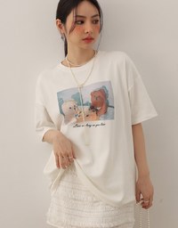 Round Neckline Puppy Print Oversized Graphic Tee