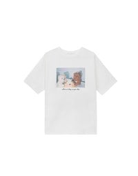 Round Neckline Puppy Print Oversized Graphic Tee