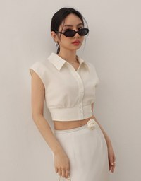 Cropped Button Down Collared Shirt with Cap Sleeves