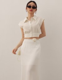 Cropped Button Down Collared Shirt with Cap Sleeves