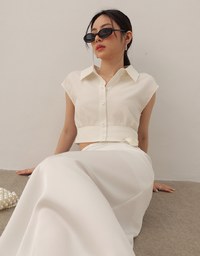 Cropped Button Down Collared Shirt with Cap Sleeves