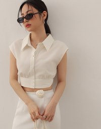 Cropped Button Down Collared Shirt with Cap Sleeves