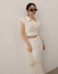 Cropped Button Down Collared Shirt with Cap Sleeves