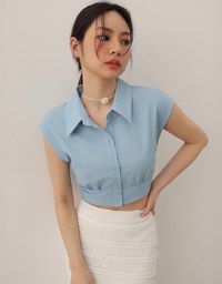 Cropped Button Down Collared Shirt with Cap Sleeves