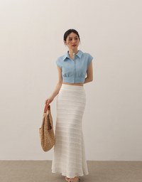 Cropped Button Down Collared Shirt with Cap Sleeves