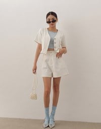 Tailored V Neck Button Front Short Sleeve Cropped Blazer Top