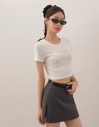 Bejeweled Cropped Top With Rhinestone Embellished Slim Fit Holiday Tee
