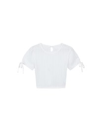 Sheer Stripe Texture Ribbed Top with Drawstring Cuff Sleeves Detail