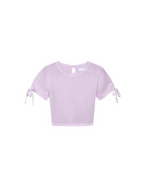 Sheer Stripe Texture Ribbed Top with Drawstring Cuff Sleeves Detail