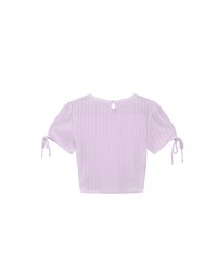 Sheer Stripe Texture Ribbed Top with Drawstring Cuff Sleeves Detail
