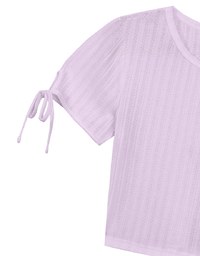 Sheer Stripe Texture Ribbed Top with Drawstring Cuff Sleeves Detail