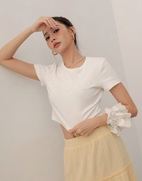 Short Sleeve Cropped Tee with Heart Bow Lace Patch Detail