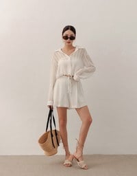 Sheer Gingham Bubble Long Sleeve Blouse with Drawstring Hem