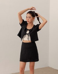 Crinkled Texture Open Front Top with Ribbons