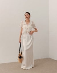 Contrast Trim Crochet Tie Front Collared Top