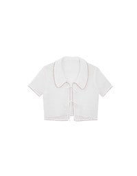 Contrast Trim Crochet Tie Front Collared Top