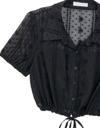 Dot Pattern Floral Lace Embroidered Puff Sleeve Cropped Shirt with Drawstring Hem
