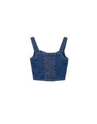 Cooling Jeans Denim Cropped Button Up Top with Stretch Back Detail