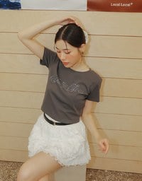 Short Sleeve Rhinestone Lettering Fitted Cropped Tee