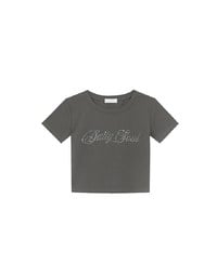 Short Sleeve Rhinestone Lettering Fitted Cropped Tee