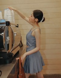 High Waist Pleated A Line Mini Skirt with Double Side Buckle