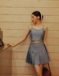 High Waist Pleated A Line Mini Skirt with Double Side Buckle