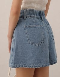 Double Button Pleated High Waist Wide Leg Jeans Denim Shorts with Back Elastic Detail