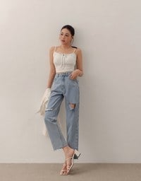 Asymmetric Ripped Frayed Hem Slim Fit Straight Leg Jeans Denim Pants