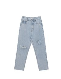 Asymmetric Ripped Frayed Hem Slim Fit Straight Leg Jeans Denim Pants