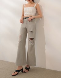 Raw Hem Distressed Detailed Wide Jeans Denim Pants with Belt
