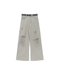 Raw Hem Distressed Detailed Wide Jeans Denim Pants with Belt