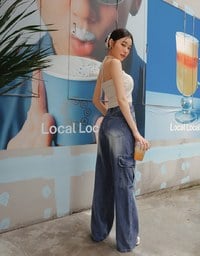 High Waist Washed Cargo Wide Leg Jeans Denim Pants with Drawstring Detail