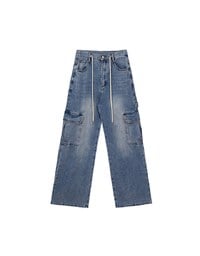 High Waist Washed Cargo Wide Leg Jeans Denim Pants with Drawstring Detail