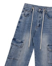 High Waist Washed Cargo Wide Leg Jeans Denim Pants with Drawstring Detail