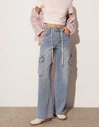 High Waist Washed Cargo Wide Leg Jeans Denim Pants with Drawstring Detail