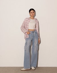High Waist Washed Cargo Wide Leg Jeans Denim Pants with Drawstring Detail