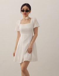 AIRY HOURGLASS Puff Sleeve A Line Mini Dress with Elegant Square Neckline