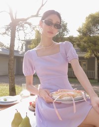 AIRY HOURGLASS Puff Sleeve A Line Mini Dress with Elegant Square Neckline