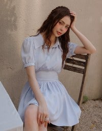 Sheer Chiffon Puff Sleeve Collared Mini Dress with Ruched Waistband Detail