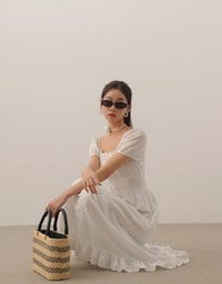 Embroidered Ditsy Floral Maxi Dress with Puff Sleeves and Ruffled Hem