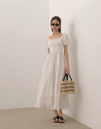 Embroidered Ditsy Floral Maxi Dress with Puff Sleeves and Ruffled Hem