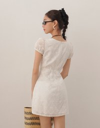Square Neck Bow Embroidered Puff Sleeve Mini Dress