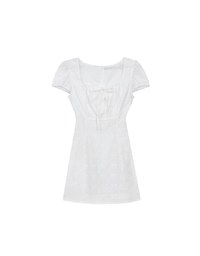 Square Neck Bow Embroidered Puff Sleeve Mini Dress