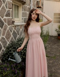 Embossed Texture Cinched Waist Padded Flowy Maxi Dress