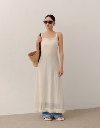 Cut Out Lace Knit Spaghetti Strap Cami Maxi Dress with Tassel Hem