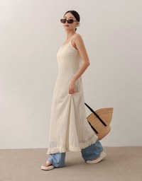 Cut Out Lace Knit Spaghetti Strap Cami Maxi Dress with Tassel Hem