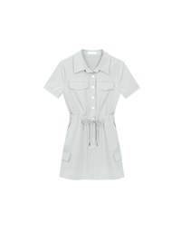 Button Front Cap Sleeve Shirt Mini Dress with Drawstring Waist Detail