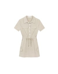 Button Front Cap Sleeve Shirt Mini Dress with Drawstring Waist Detail