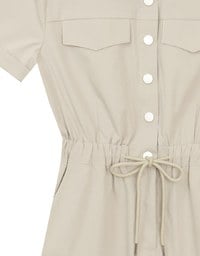 Button Front Cap Sleeve Shirt Mini Dress with Drawstring Waist Detail